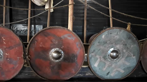 closeup of shields of viking boat. zoom-in shot