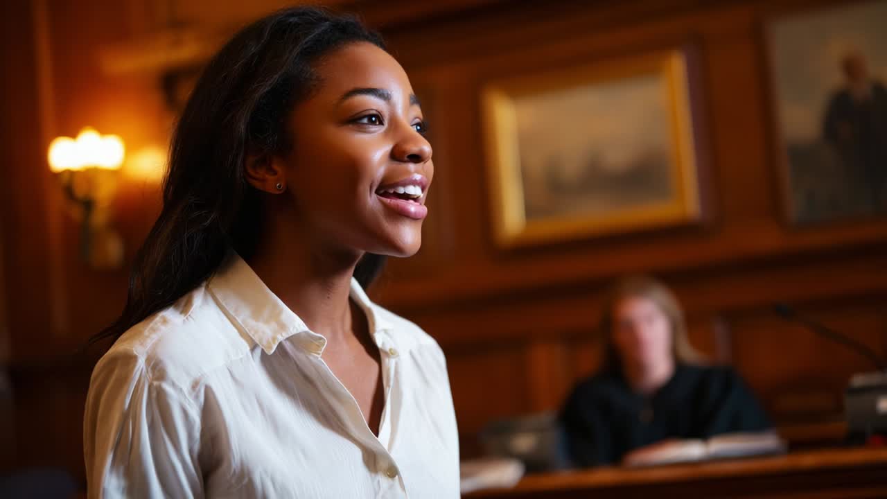 A Young Woman Confidently Addresses the Courtroom, Showcasing Her Poise and Determination in a Legal Setting, Highlighting the Importance of Justice and the Role of Advocacy in Society