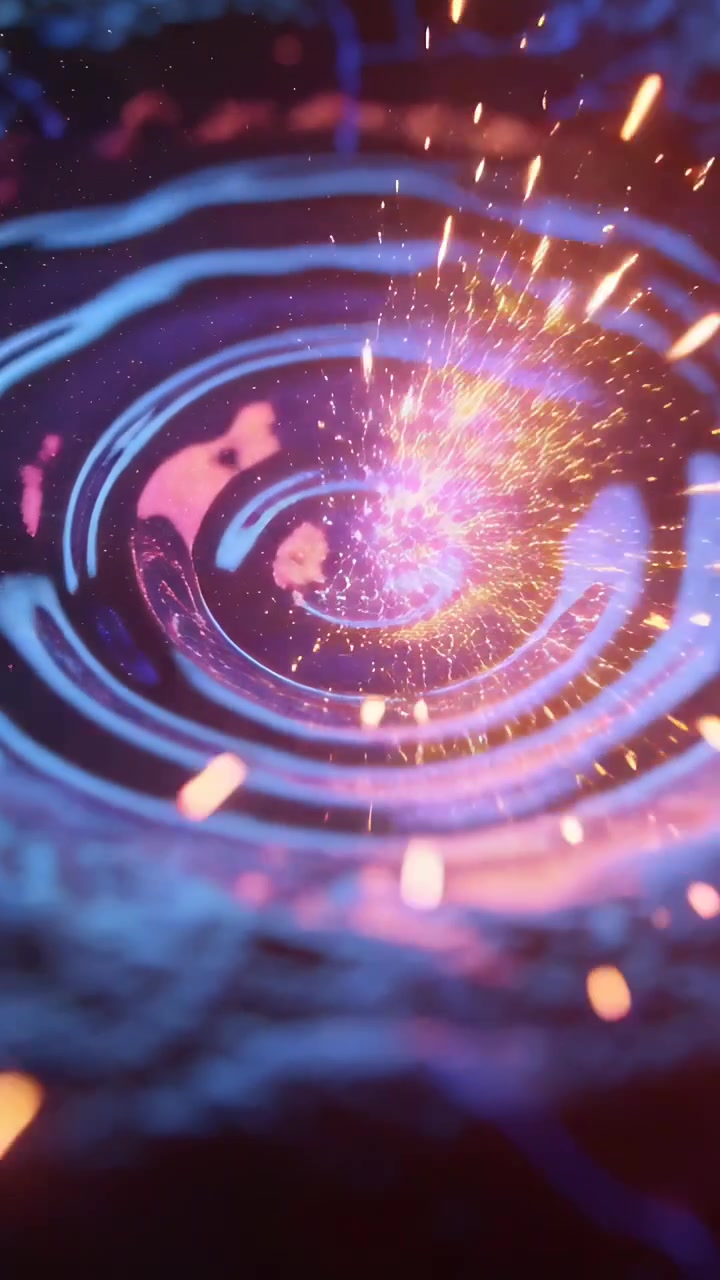 Video verticale: Scintilla che appare e colpisce il centro di una bacinella lucida in studio, creando un bagliore e delle increspature.