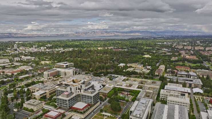 Stanford City California Aerial v11 flyover building complex of university campus hospital department, healthcare medical center with bay views in the background - Shot with Mavic 3 Cine - June 2022