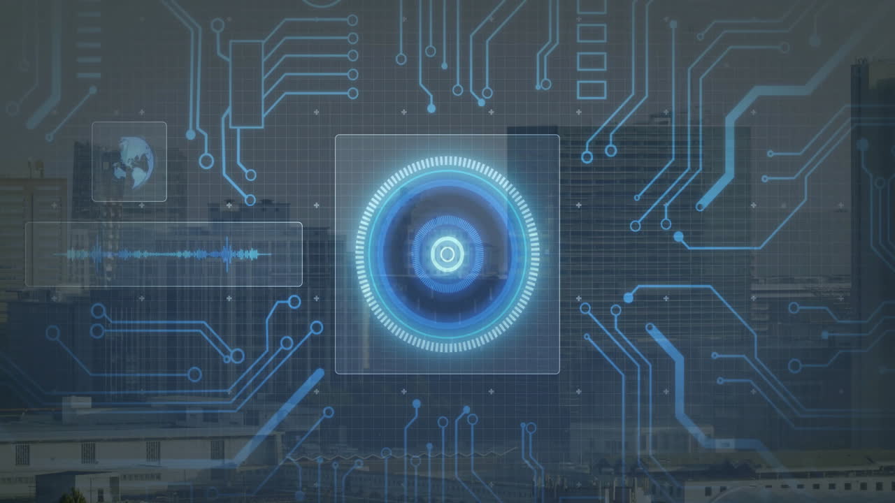 Futuristic circular interface floating over urban skyline in 3D render, with neon circuit lines