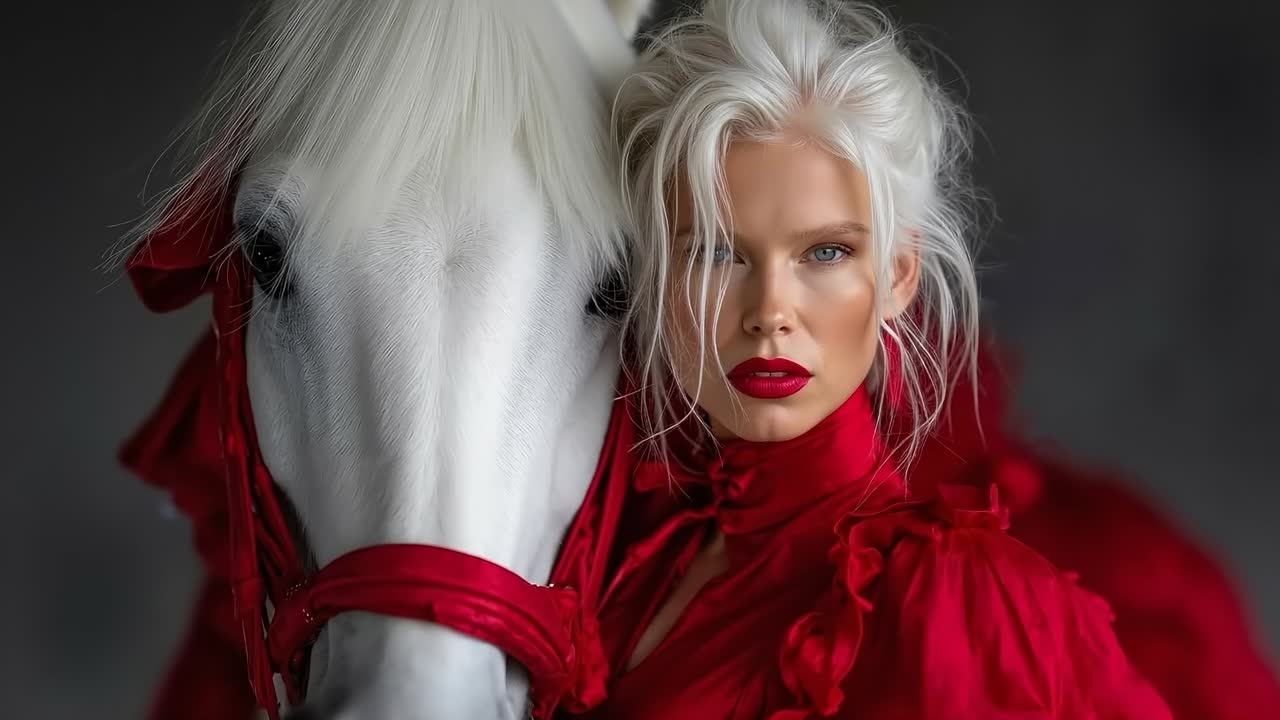 A woman in a red dress standing next to a white horse