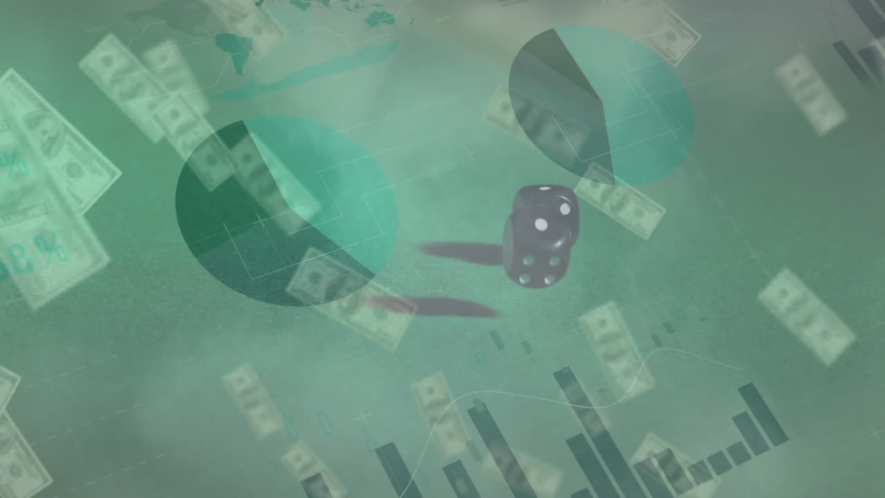 두 개의 주사위와 초록색 배경의 미국 달러 지폐에 대한 금융 데이터 처리 애니메이션