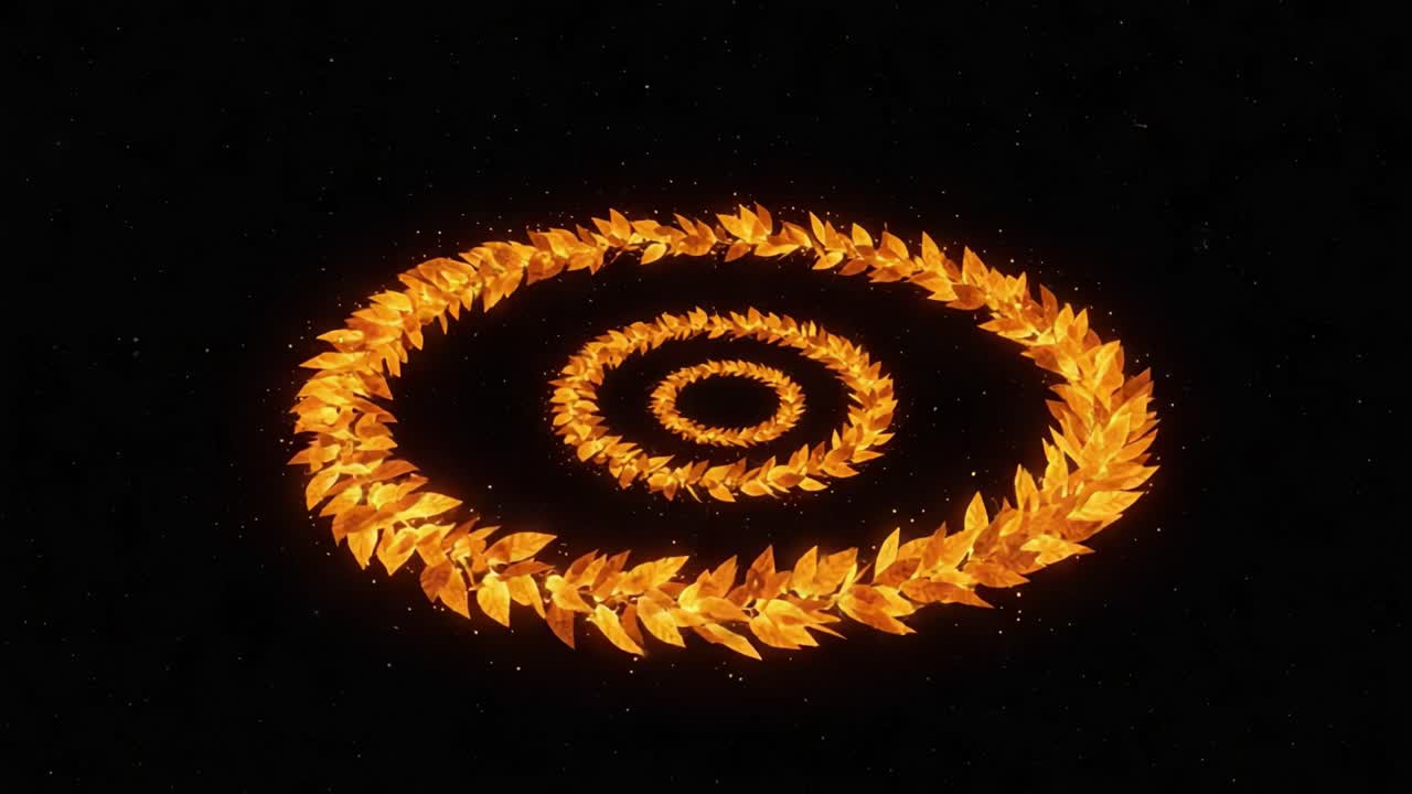 A Captivating Visualization of Spiraling Golden Laurels Surrounded by a Dark Background, Creating a Mystical and Enchanting Atmosphere in Both Frames of the Video