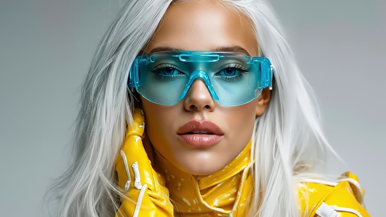 A woman with white hair wearing a yellow jacket and blue goggles
