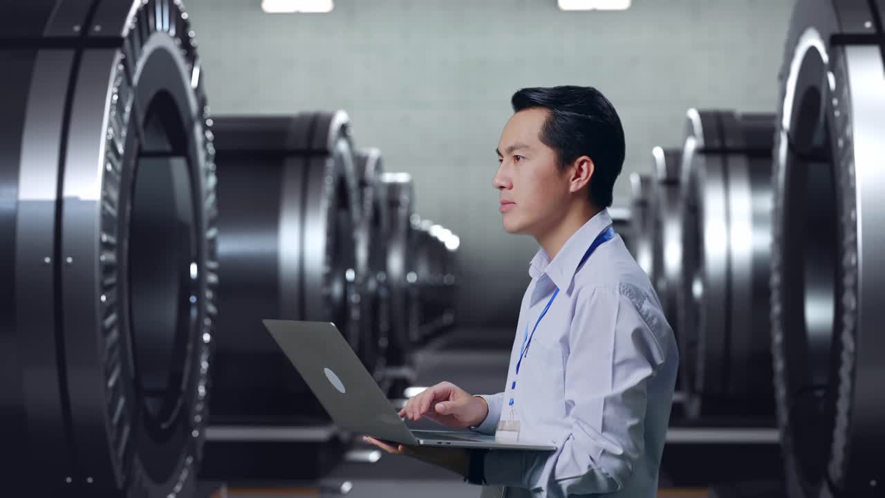 工場の環境でラップトップで働くエンジニア