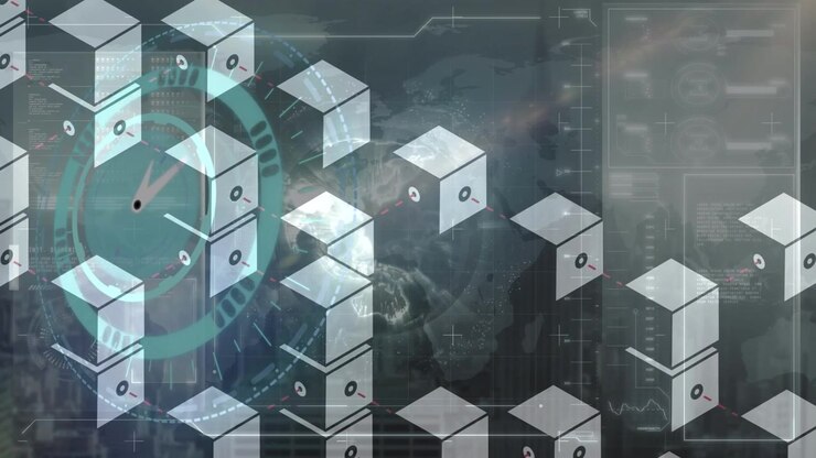 Animation of cubes, moving clock and data processing over cityscape