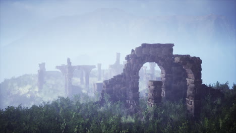 ancient ruins in a foggy landscape