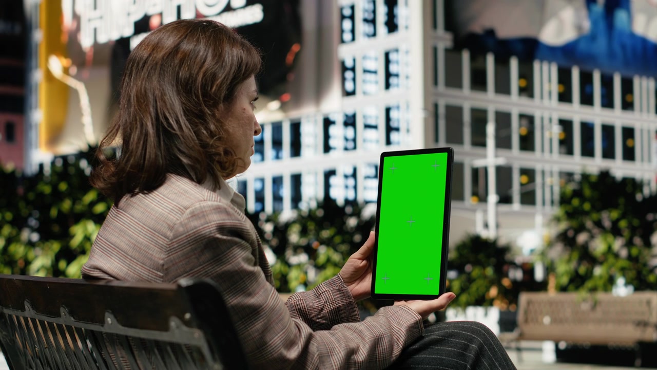 Tablet con schermo verde utilizzato da una donna d'affari su una panchina del parco