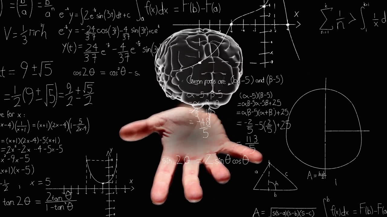 Reaching hand towards floating brain with animation of math equations in background