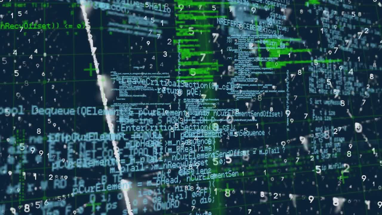 Digital animation of data processing over grid network against blue background