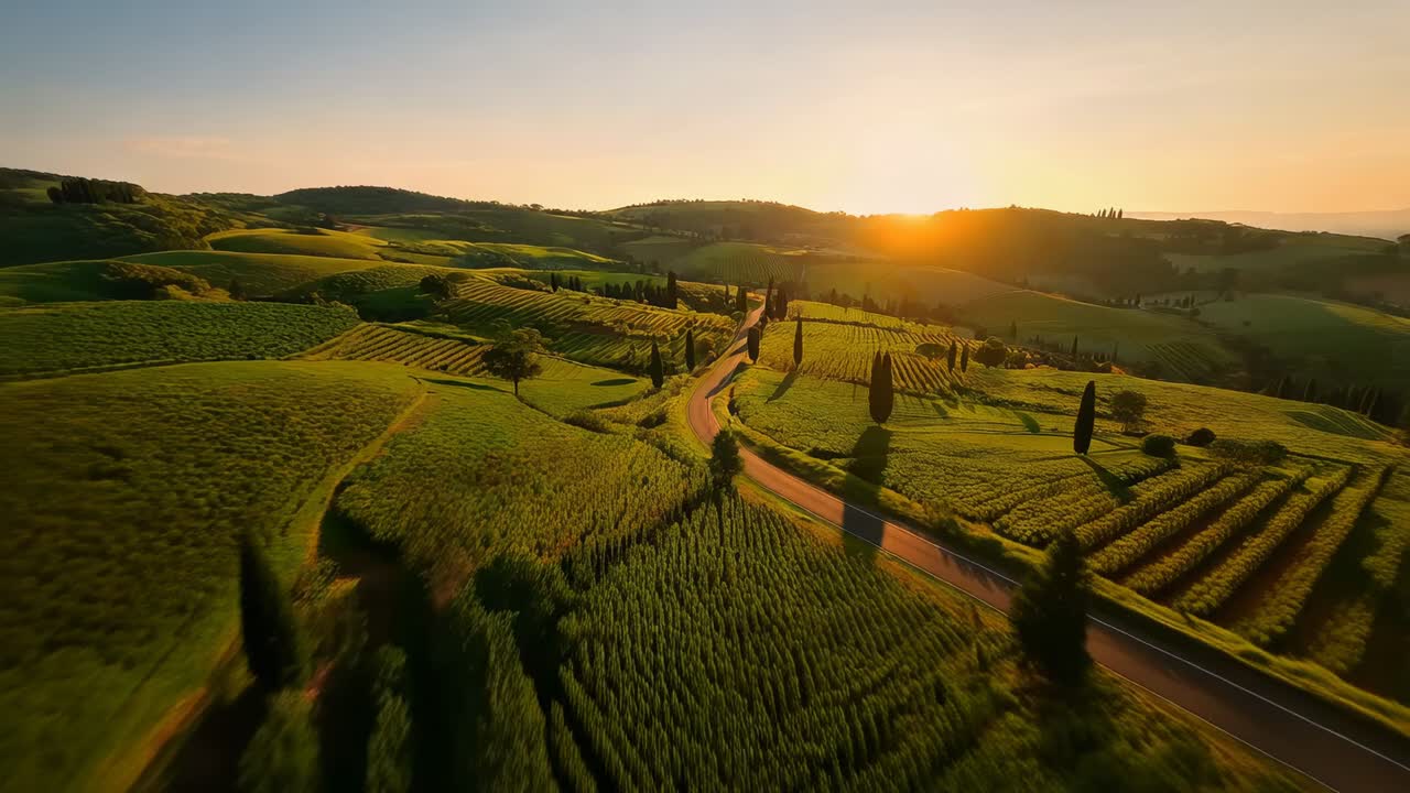 Drone in volo che scende verso una strada asfaltata e tortuosa, rivelando campi illuminati dal sole e lunghe ombre di cipressi