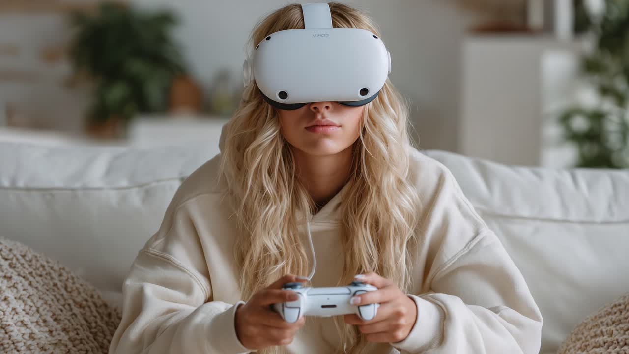 Esperienza di gioco immersiva in realtà virtuale catturata in due frame, che mostra un giocatore concentrato mentre utilizza un visore VR e un controller in un ambiente accogliente.