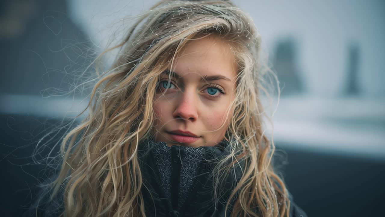 Close up footage of a tired young woman with messy wet blonde hair standing outdoors in cold windy weather, wearing a high collar jacket and looking exhausted and melancholic at the camera