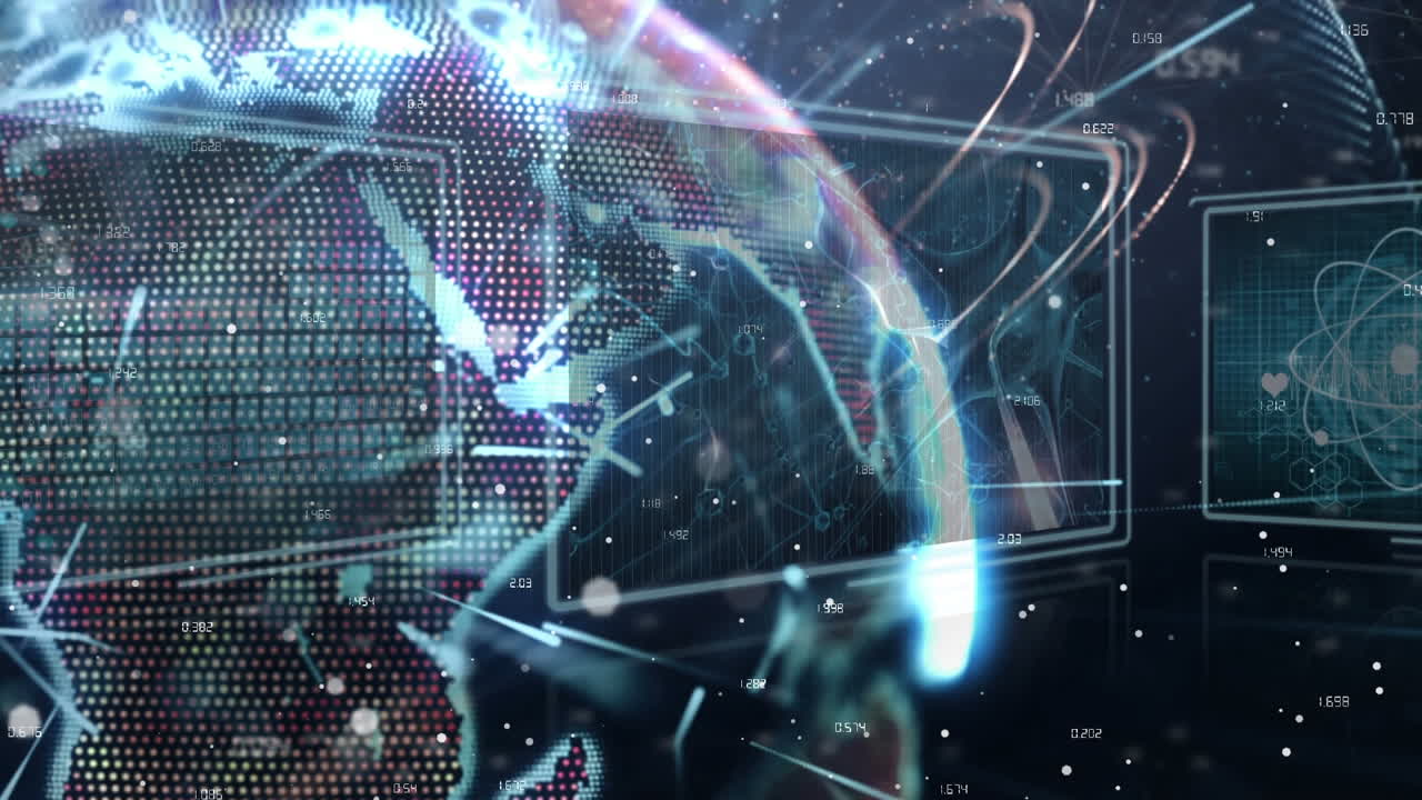 Animation of network of connections over data processing on screens