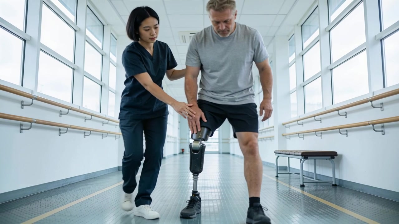 Placing hands, clinician in scrubs guiding man shifting, swinging prosthetic leg in rehab for gait