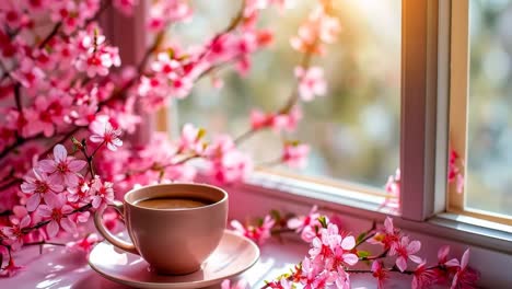 a cup of coffee sitting on a window sill next to a window