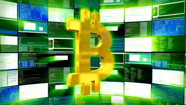 Render di simbolo Bitcoin dorato su monitor verde