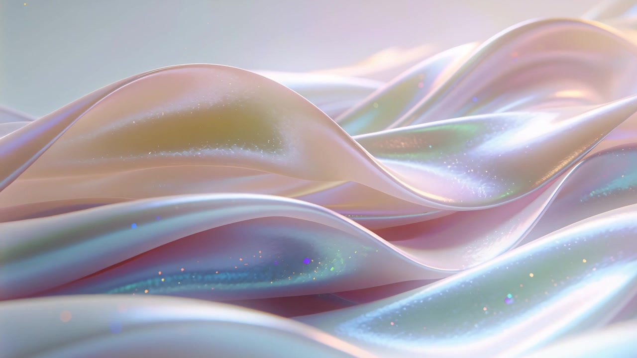 Superficie iridescente simile alla seta che si muove e scorre nello studio, mentre la luce scivola rivelando glitter perlati.