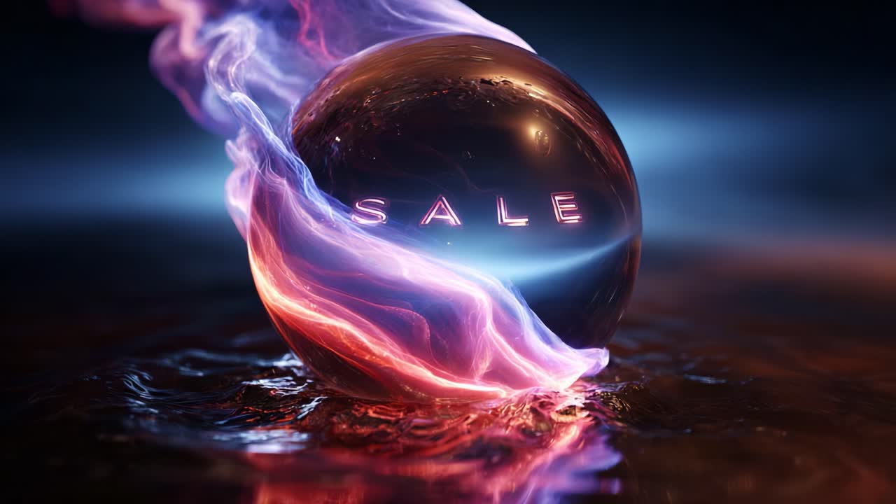 Vibrant and Captivating Sale Promotion Featuring a Glowing Sphere Surrounded by Colorful Flames and Water Effects, Perfect for Eye-Catching Advertisements and Marketing Campaigns