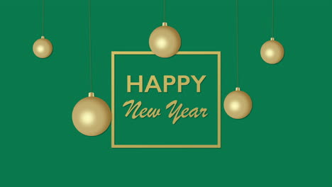 happy new year with gold balls and frame on green gradient