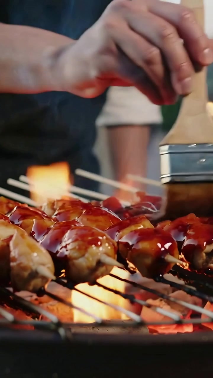 Vertical video: Brushing chef in apron basting skewers on grill glazing chicken while coals flaring