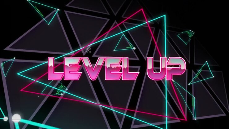 Animation of level up text over geometrical shapes on dark background