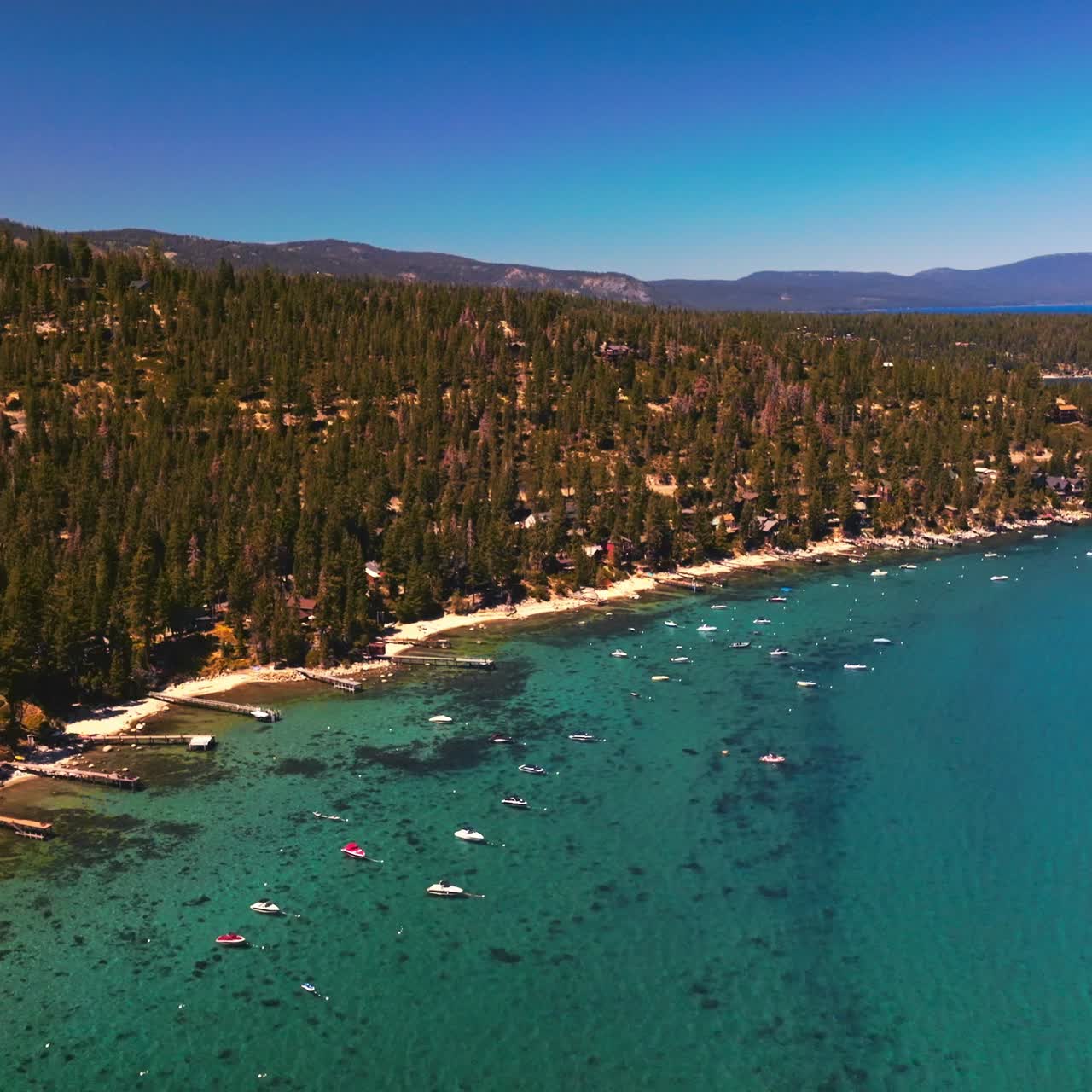 Smukt azurblåt vand i Lake Tahoe med mange både. Grønne fyrretræer, der vokser over den stenede kystlinje. Udsigt fra toppen.