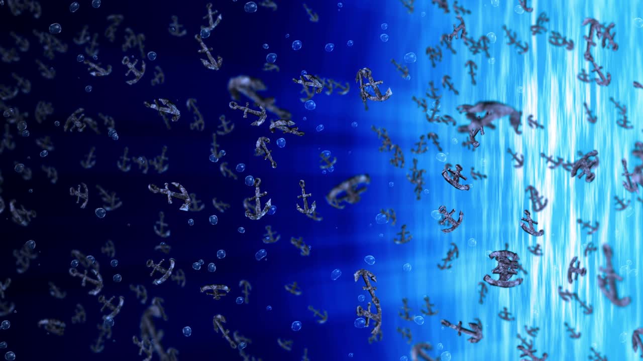 파란 물에서 많은 커를 날리는 것 - 선박 및 보트 커 - 해양 아이콘 - 커 회전의 3d 루프 애니메이션