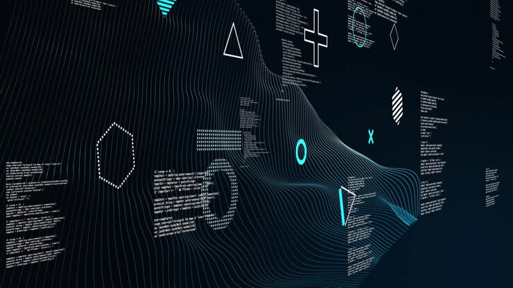 Animation of rotating shapes and network wave over data processing on black background