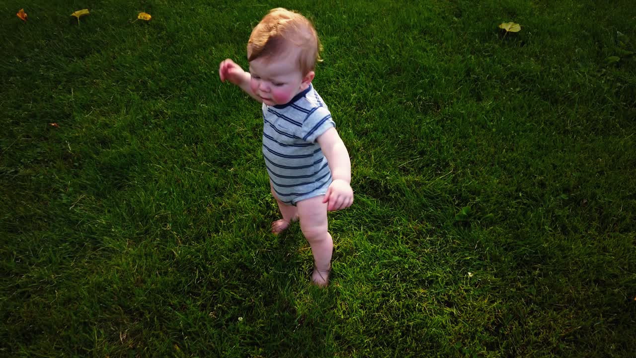 el niño pequeño se levanta del suelo y da los primeros pasos solo en la hierba cuando sale el sol