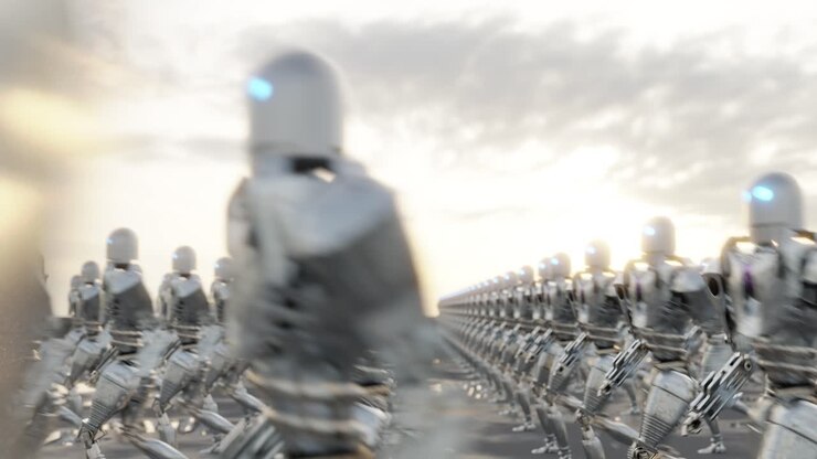 Esercito di robot in marcia in formazione