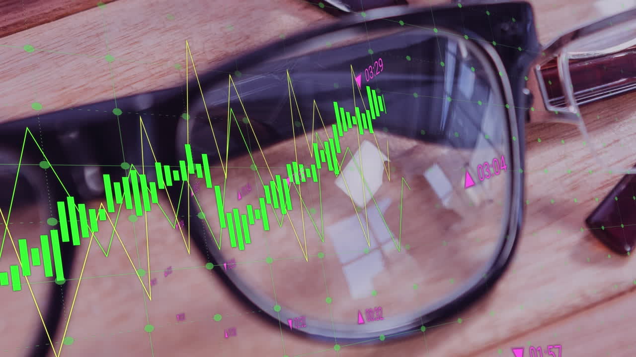 Animation of multiple graphs and trading board over spectacles on wooden table in background