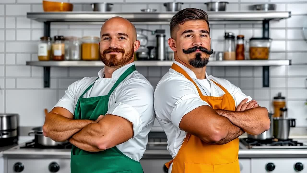 dos hombres con delantales de pie uno al lado del otro en una cocina