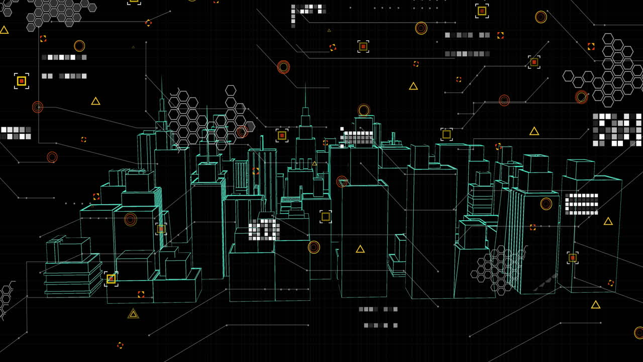 анимация обработки данных над 3d городским пейзажем