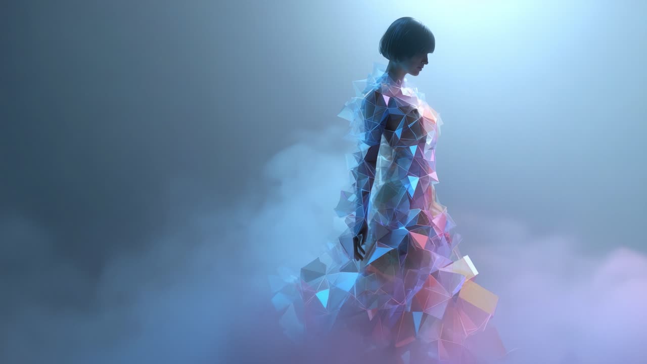 A stunning silhouette of a figure enveloped in a breathtaking blend of colorful geometric shapes, creating an ethereal fashion illusion in a mystical haze of soft light and vibrant colors