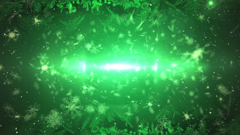 animation of snow falling and glowing lights on green background