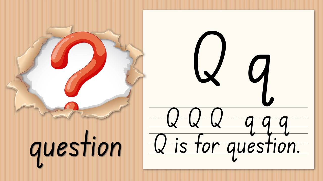 Animated educational graphic teaches the letter Q using a question mark and handwriting practice sheet