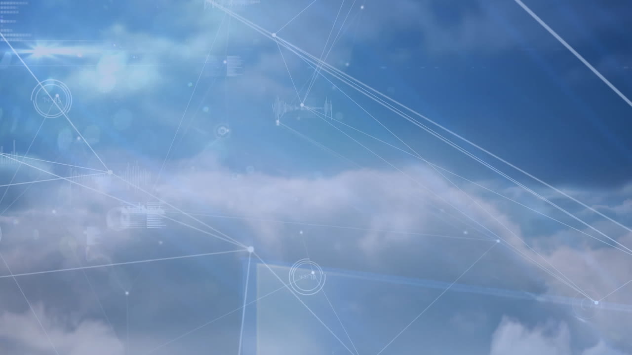 Animation of network of connections and data processing against clouds in the blue sky