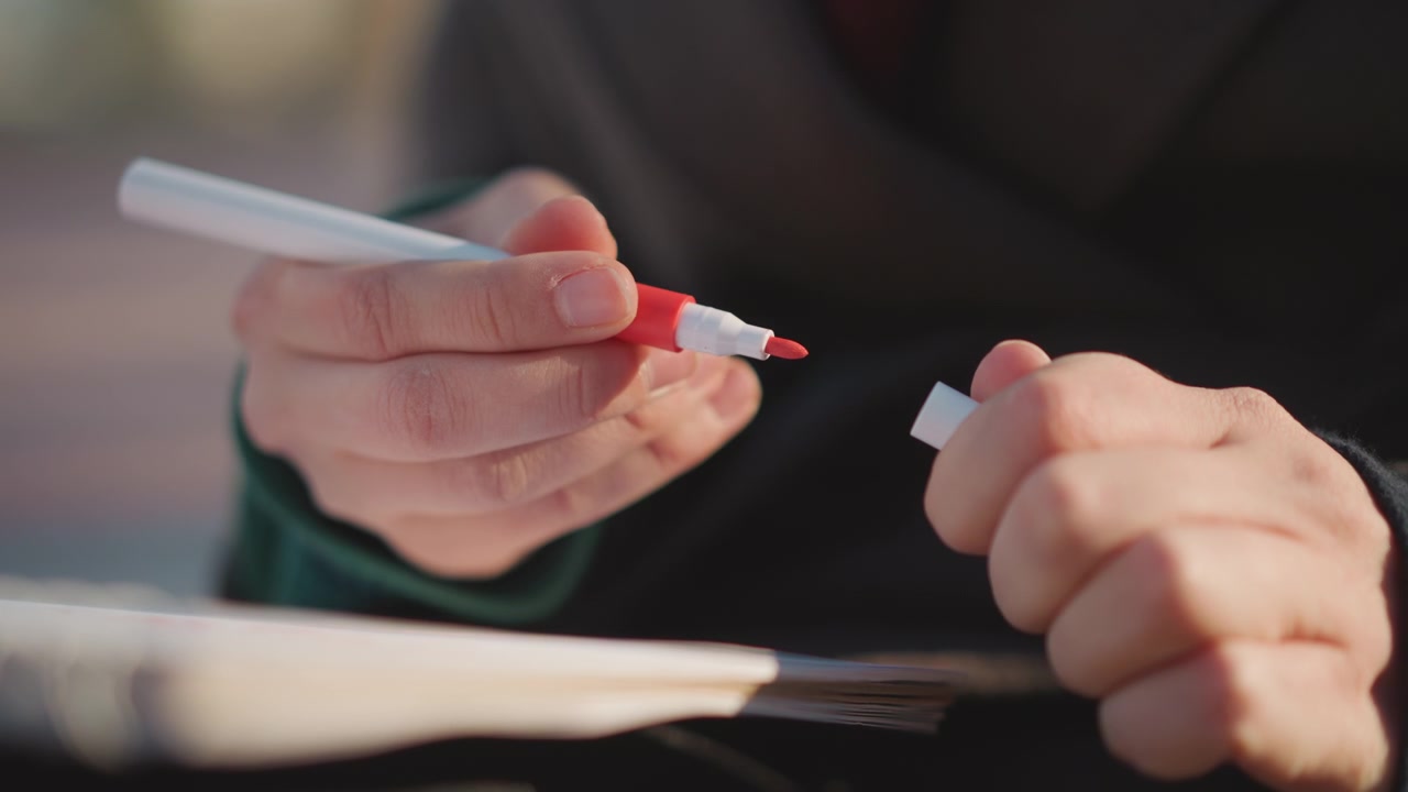 Pessoa Destampando um Marcador Vermelho para Escrever em um Caderno