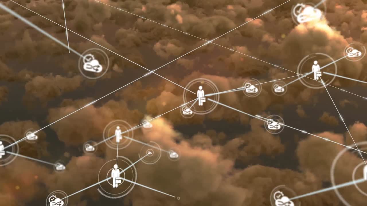 animación de redes de conexiones sobre nubes y cielo