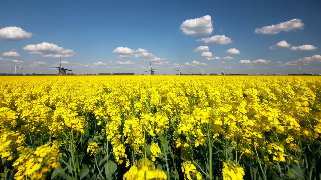 Dutch Canola Field with Windmills