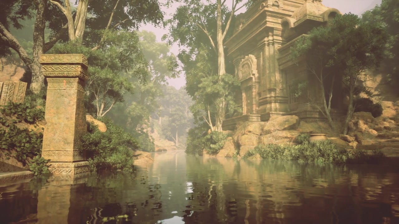 Timeworn stone sanctuary beside misty water with lush greenery