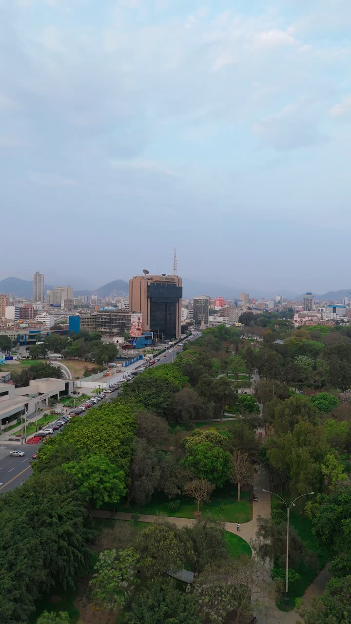 Vista aerea verticale con drone di un parco cittadino a Lima, Perù.