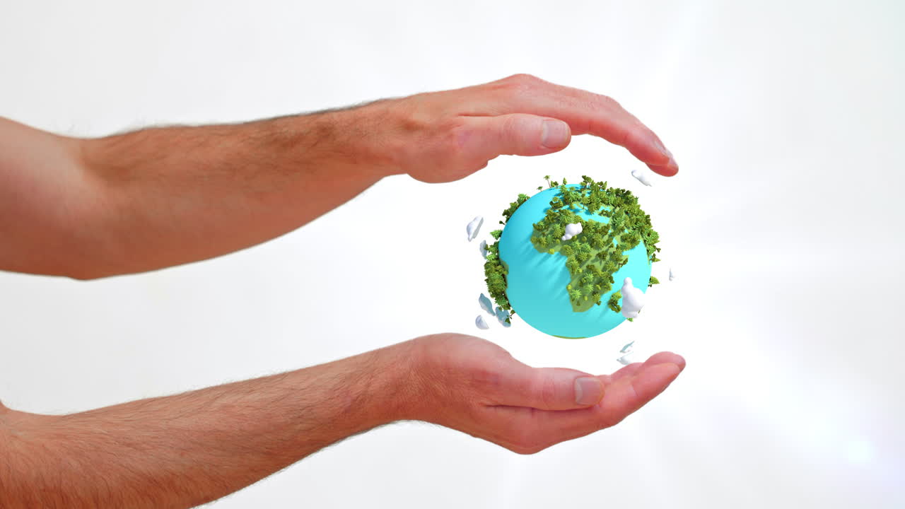 Manos humanas protegiendo un globo terráqueo verde estilizado