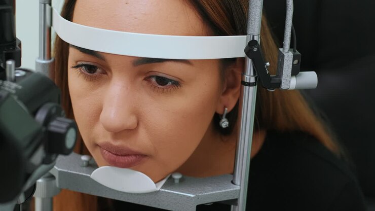 Doctor and beautiful woman looking at eye test machine in ophthalmologist. ophthalmologist. medical. Professional ophthalmologist examining