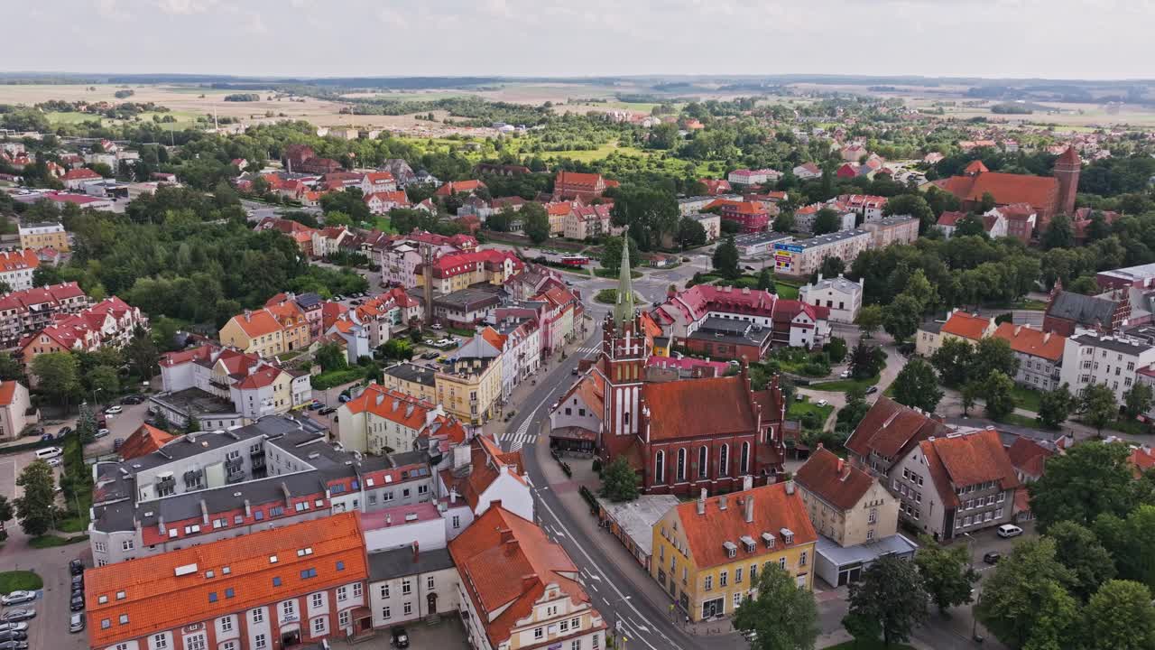 Drone over Polish town Ketrzyn showing medieval church and Baltic architecture
