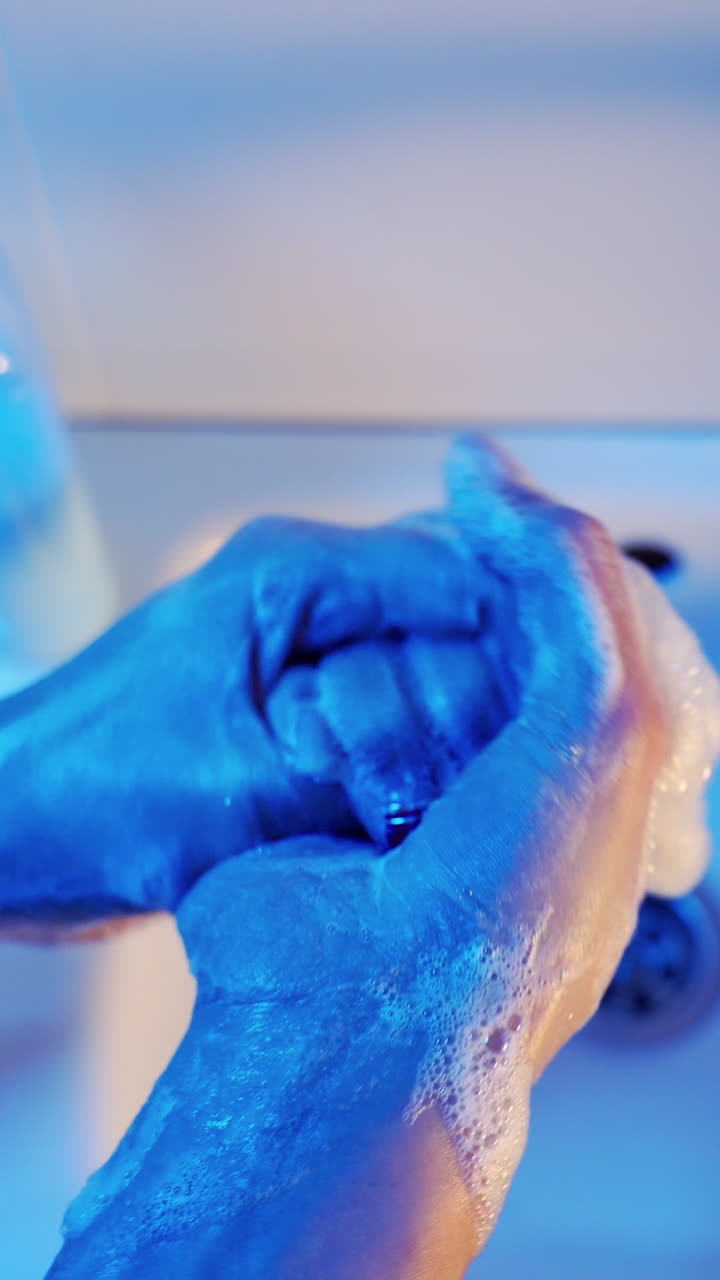 Washing hands rubbing with soap man for corona virus prevention, hygiene to stop spreading coronavirus. Vertical video