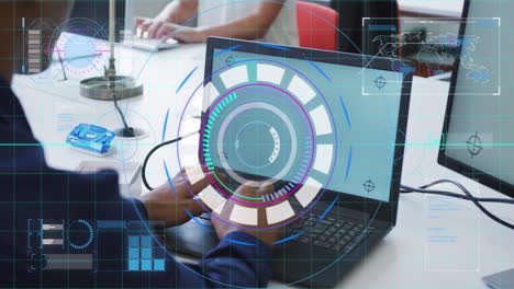 animation of financial data processing over businessman using laptop in office