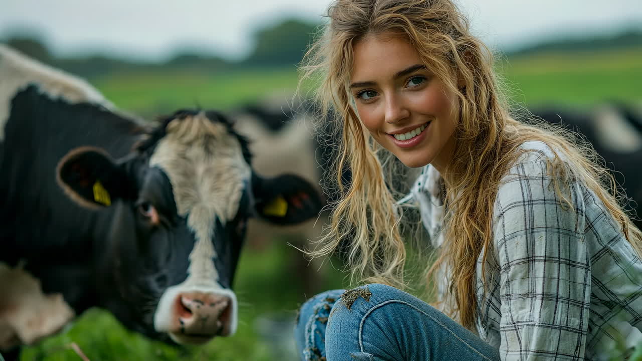 Smiling woman sitting with cows in field. Cheerful young woman enjoys time outdoors among cows in a lush green field under a cloudy sky